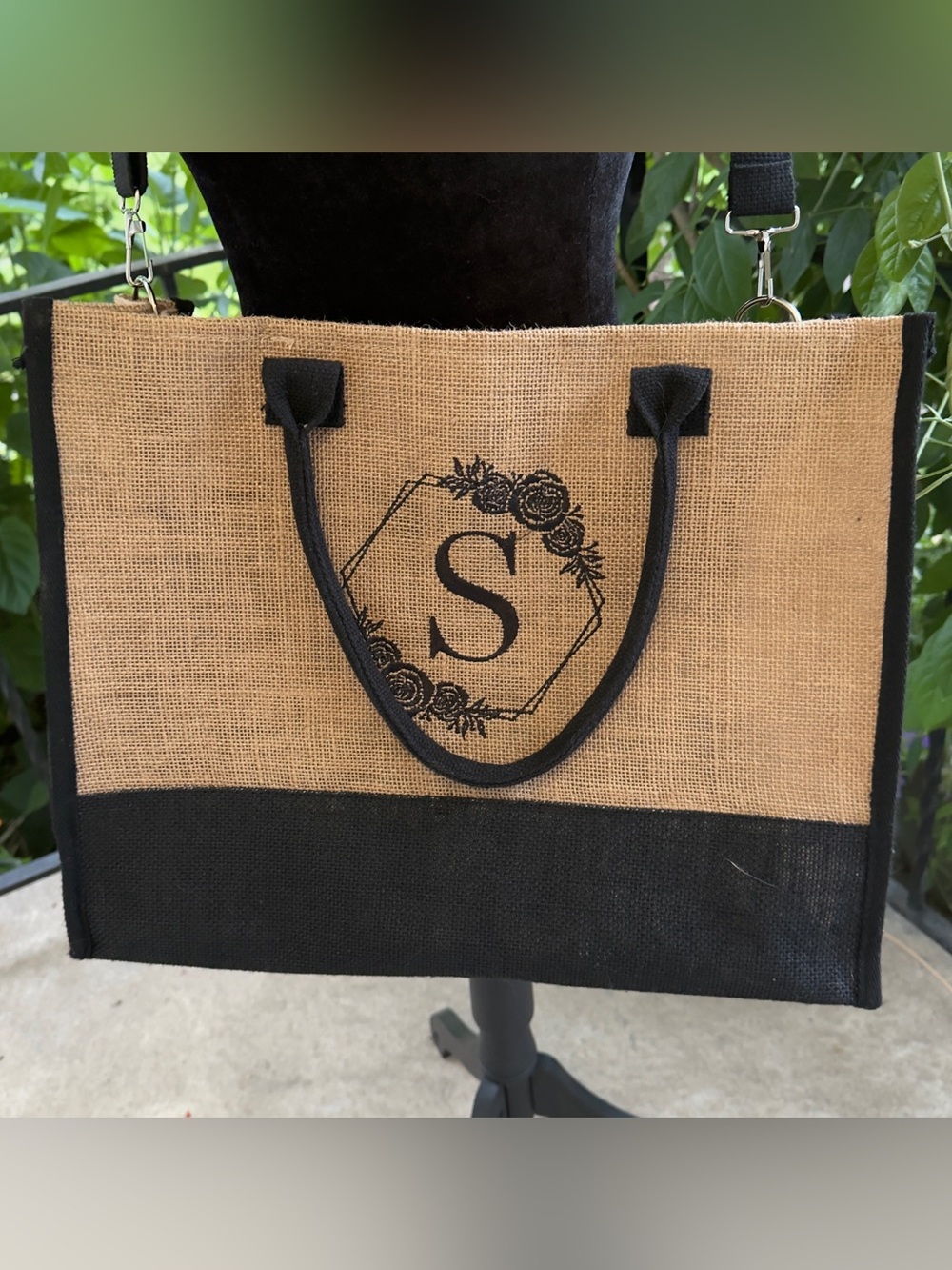 Natural & Black Monogram Jute Tote with Floral S Accent